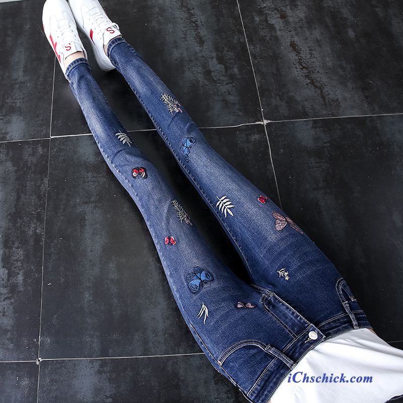 Bekleidung Jeans Schlank Neu Damen Stickerei Feder Dunkelblau Billige