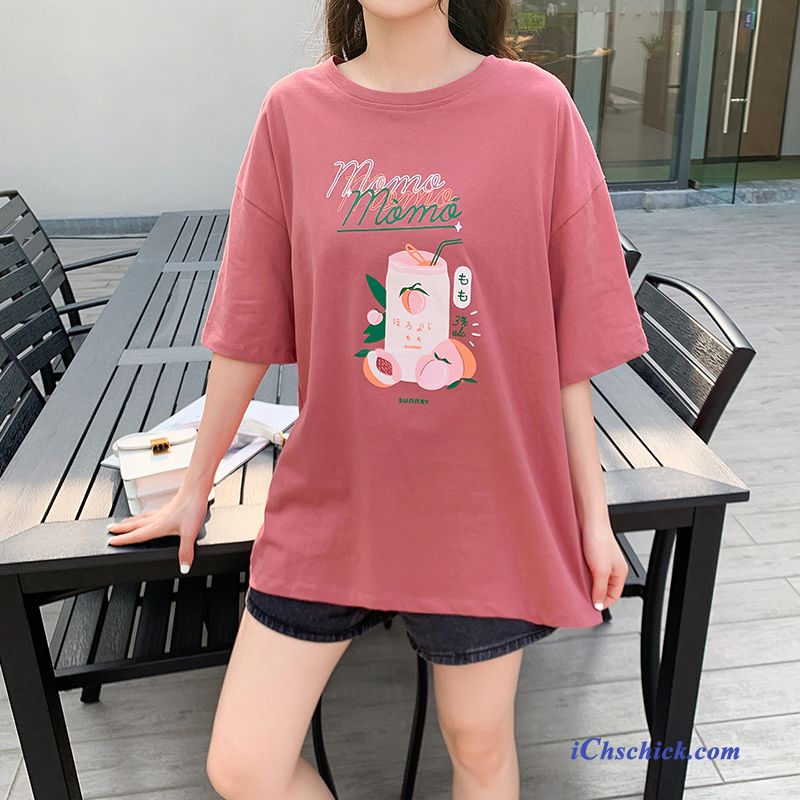 Bekleidung T-shirts Mantel Hülse Damen Rein Baumwolle Weiß Rot Günstig